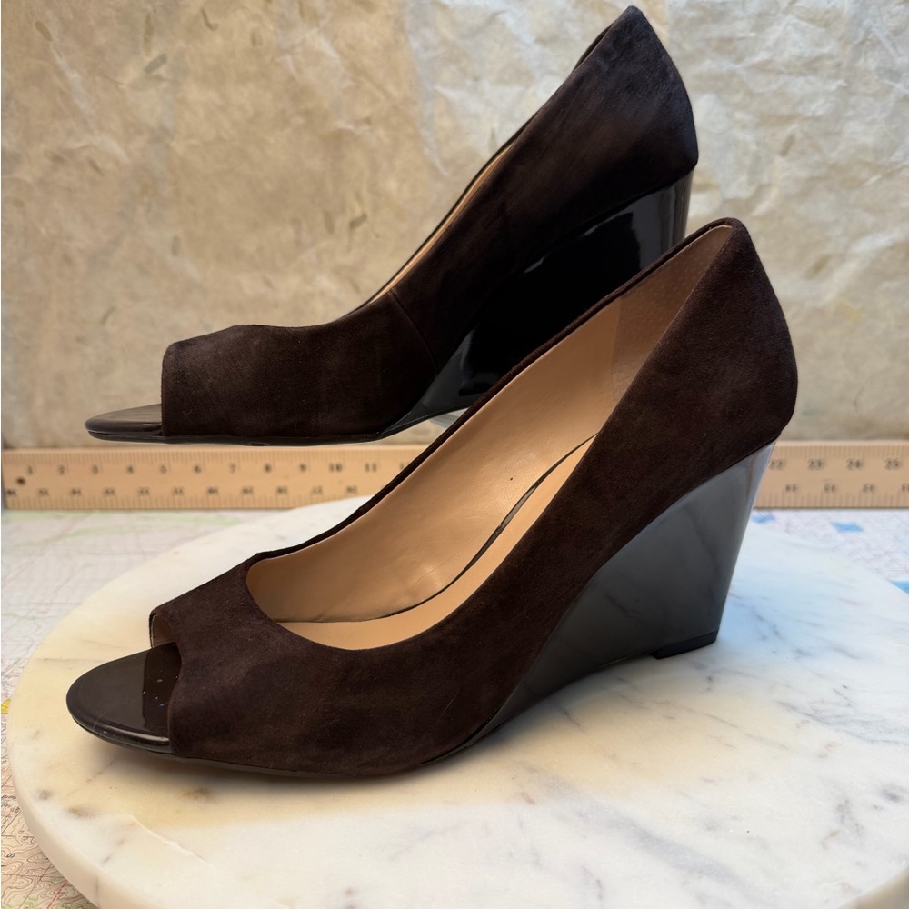 Franco Sarto Dark Brown Suede Peep-Toe Wedges